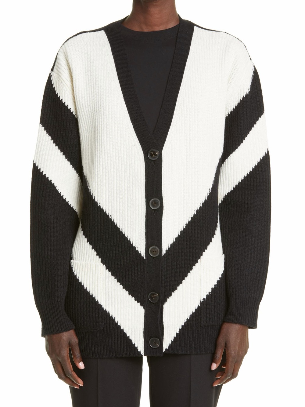 Valentino Black & White Chevron V‑Neck Button Cardigan